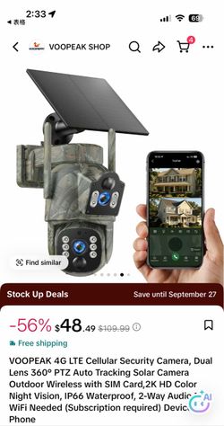 VOOPEAK 4G LTE Cellular Solar Security Camera (Dual Lens, 360° PTZ Auto Tracking, No WiFi Needed)