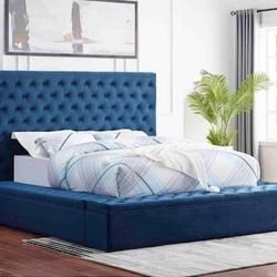 Brand New Velvet Blue King Tufted King Size Bed with Storage