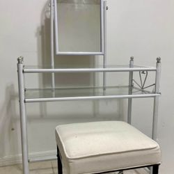 White Glass Vanity Desk w/ Mirror & Stool - Makeup Table, Compact, Cute