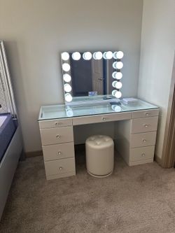 White Vanity with LED Mirror & Bluetooth Speaker