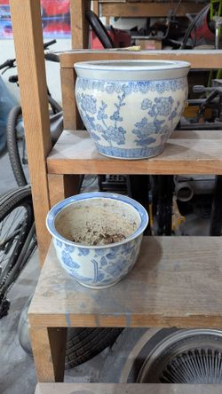 Blue & White Chinoiserie Ceramic Planters – Large & Small Set