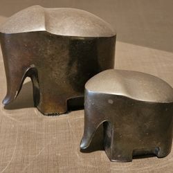 Two Solid Brass Elephants  Paperweight Statue Cubist-like no mark or stamp