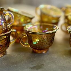 Vintage Orange Marigold Carnival Glass Tea Cups