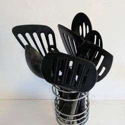 Kitchen Utensils Set with Silver Stainless Steel Holder 8 Black Utensils