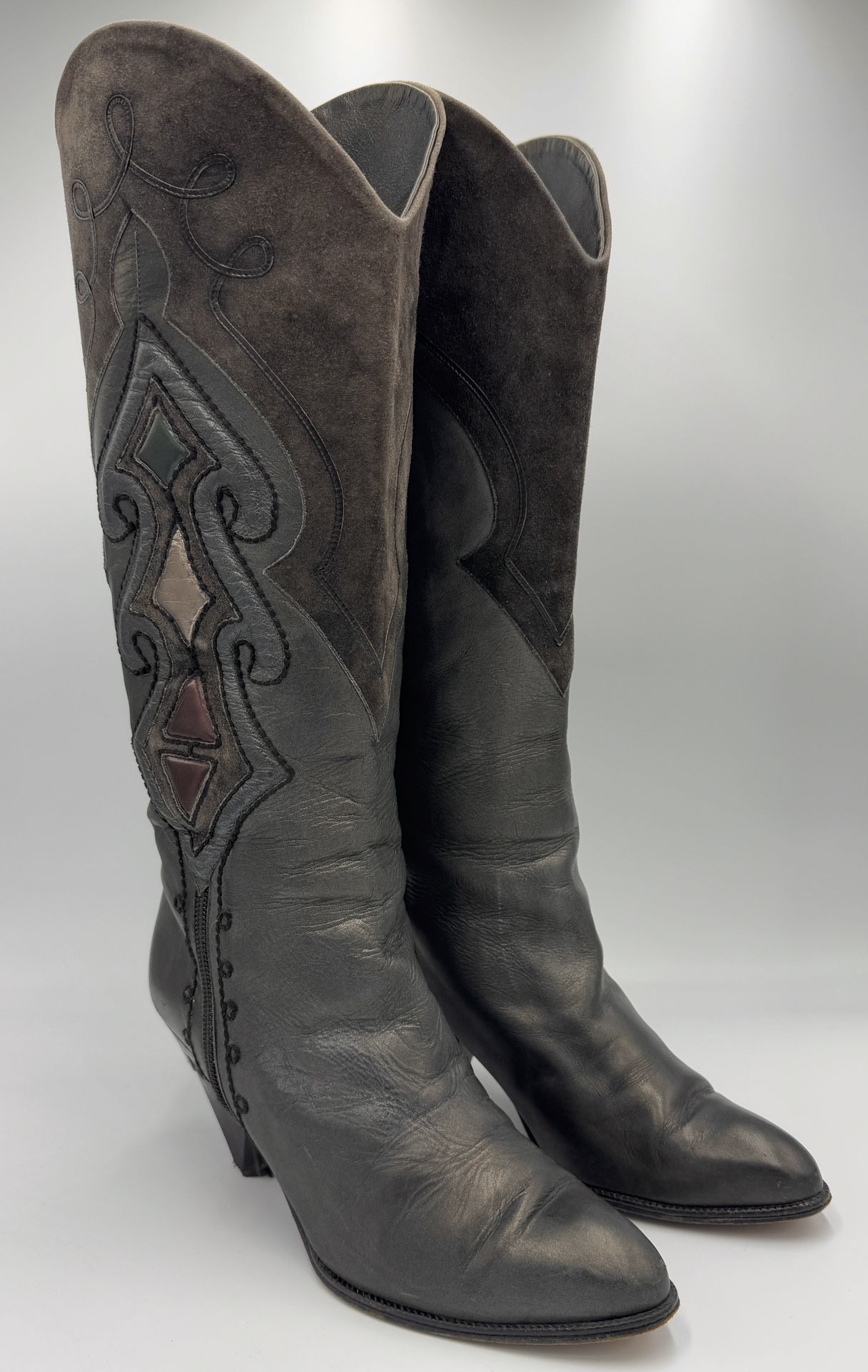 Vero Cuoio 17.25” Leather Boots Heels Womens 39.5 Brown Gray