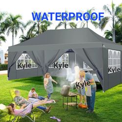 10x20 Pop Up Canopy with 6 Sidewalls and Windows, Ez Up Outdoor Instant Canopy Tent for Parties, Adjustable Waterproof Canopy with 6 Sand Bags, 8 Stak