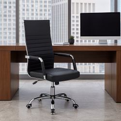 Brand New Modern High Black Ribbed Office Chair High Back PU Leather Executive Conference Chair Adjustable Swivel Chair  New in box T OC0020  #OfficeC