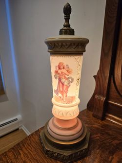 Antique Victorian Style Pink Satin GWTW Parlor Lamp - Hand Painted Fairy