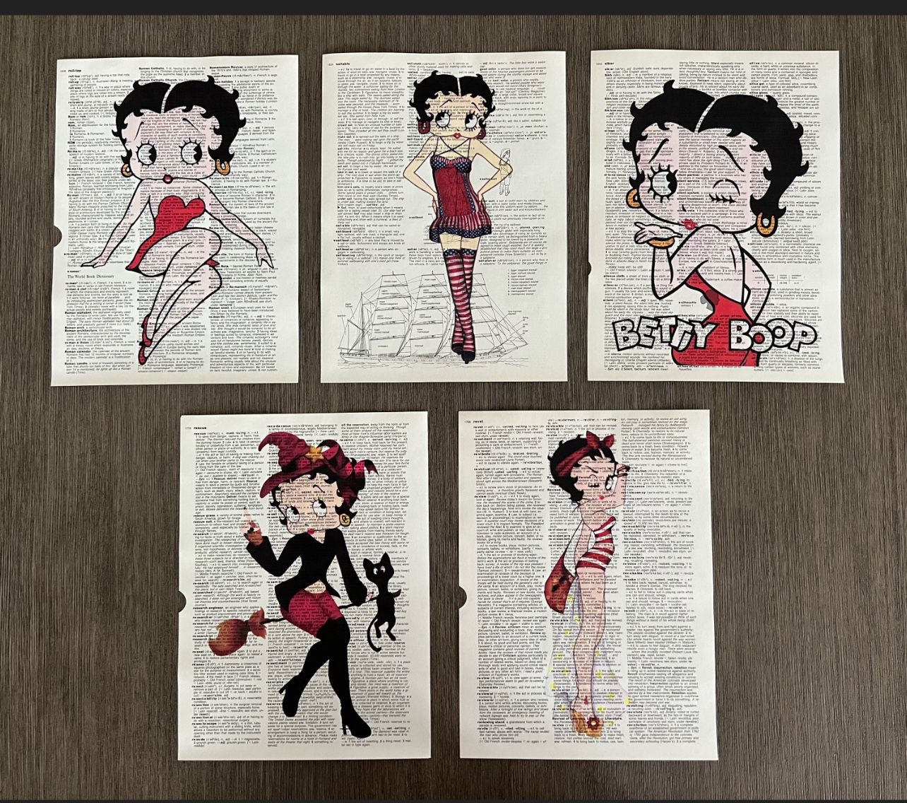 Betty Boop Themed Dictionary Art Prints - Set of 5