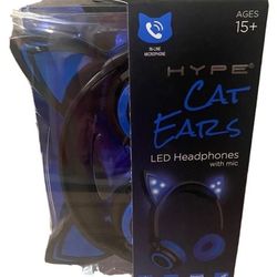 Hype Cat Ears LED Blue Headphones With In-Line Microphone Mic
