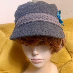 Gray Wool Blend Cadet Hat Cap Cabbie Newsboy Lace Band Sequin Flower sz 57cm 