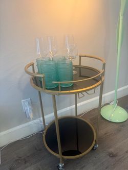 Gold Round Bar Cart with Glass Shelves