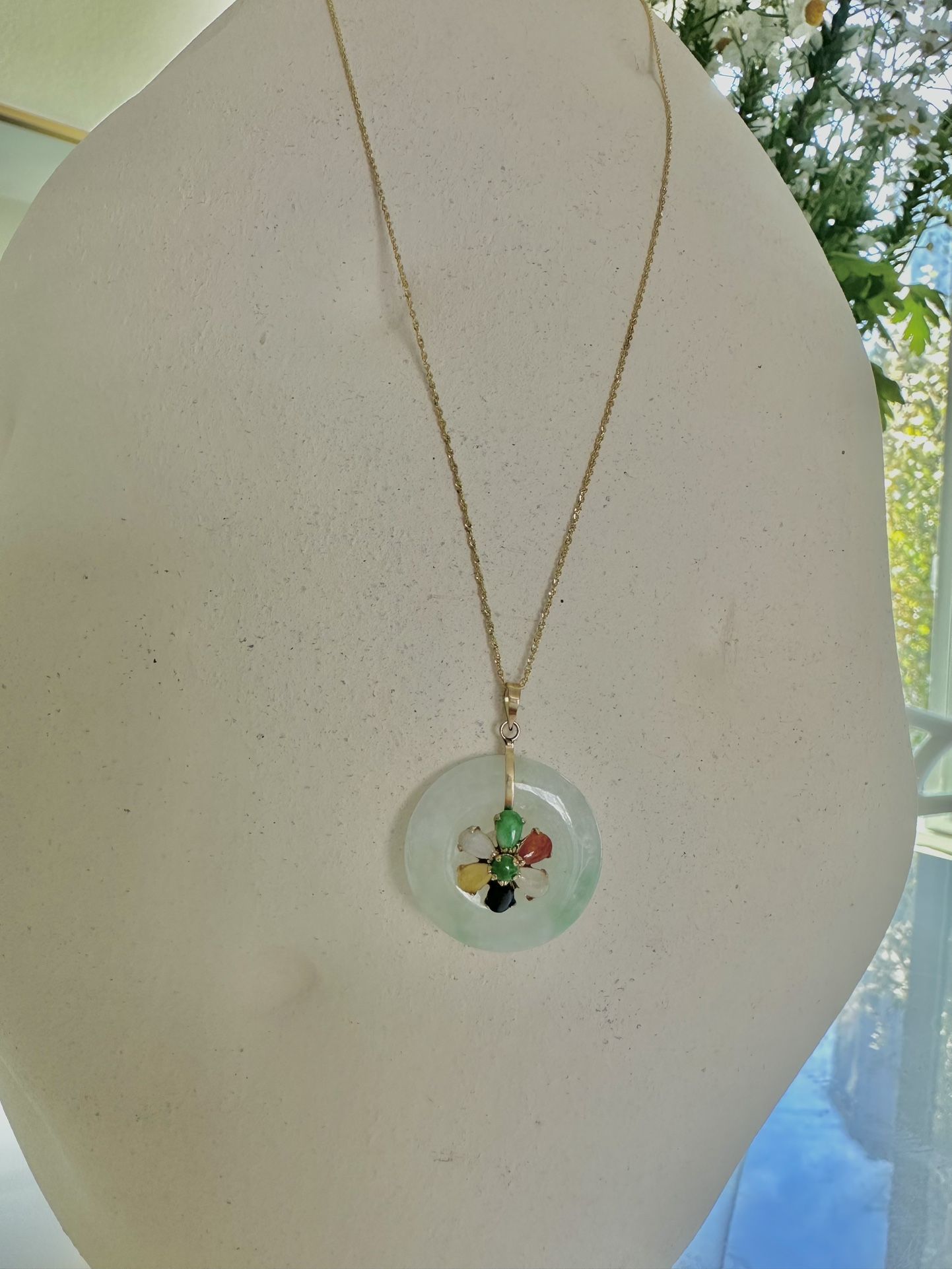 Jade Circle With Jade Accents Necklace 14K Yellow Gold. 18 inch chain