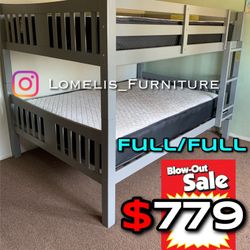 Full/Full Gray Wooden Bunk bed w. Ortho Mattresses Included 