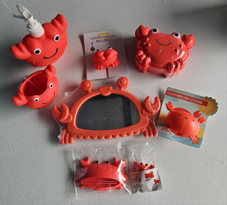 Kids Crab Soap Dish/Soap Dispenser/Toothbrush holder/Mirror/Toothbrush Cover/Tube Squeezer and Topper (Brand New)