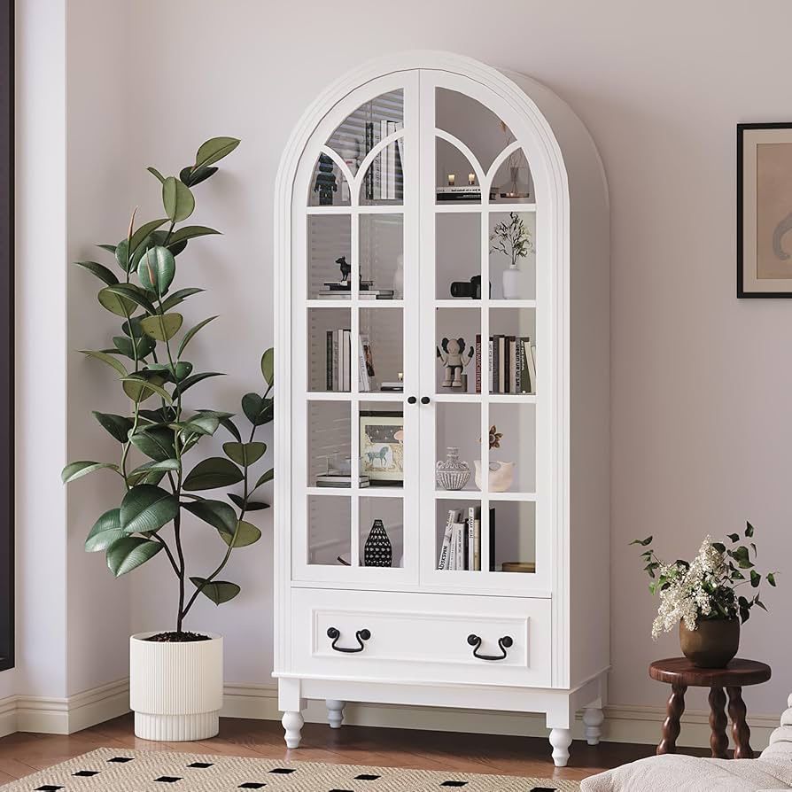 67" Tall Farmhouse Arched Cabinet, Arched Display Cabinet with Glass Doors & Large Drawer & Adjustable Shelves, Pantry for Living Room, Kitchen, Dinin