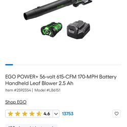 EGO POWER+ 56-volt 615-CFM 170-MPH Battery Handheld Leaf Blower 2.5 Ah one battery one charger