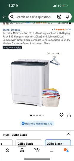 Portable Mini Twin Tub 32Lbs Washing Machine with Drying Rack & 10 Hangers, Washer(20Lbs) and Spinner(12Lbs) Combo with Timer Knob, Compact Semi-autom