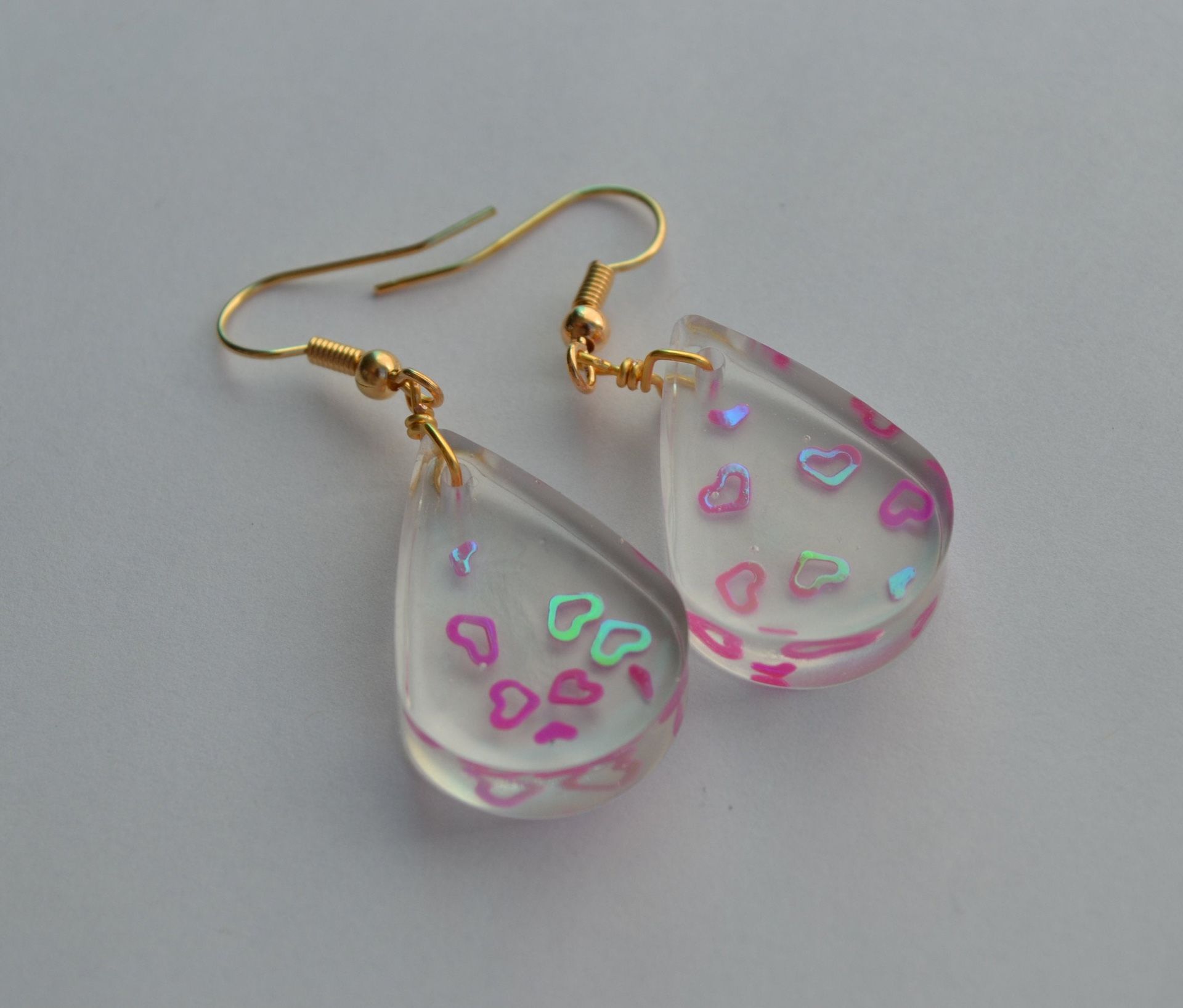 Handmade Resin teardrop heart gold plated Earring