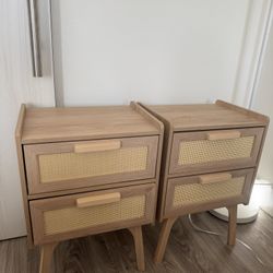 Mid-Century Modern Cane Nightstands (Set of 2) – Wood + Rattan