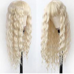 Human hair blend platinum blonde loose wavy water wavy wig