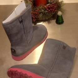 🎅 SUPER CUTE Women NEW Bearpaw Gray N Pink Winter Fashion Boots Ugg Snow Size 7 🎁🎄