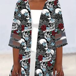 Medium Gothic Women Skull Print Open Front Top, Casual punk Emo  Half Sleeve Thin Outerwear , Boho Grunge style Clothes Clothing Shirts Sweaters Tops