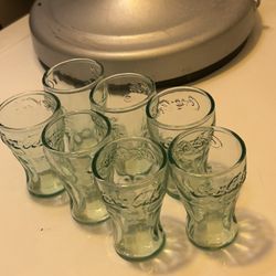 7 vintage mini green Coca Cola shot juice glasses