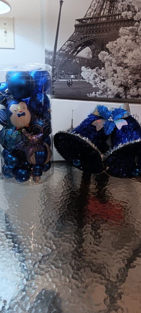 CHRISTMAS BELLS FRO BELLEM WITH ORNAMENTS .DARK BLUE WITH A TOUCH OF SILVER