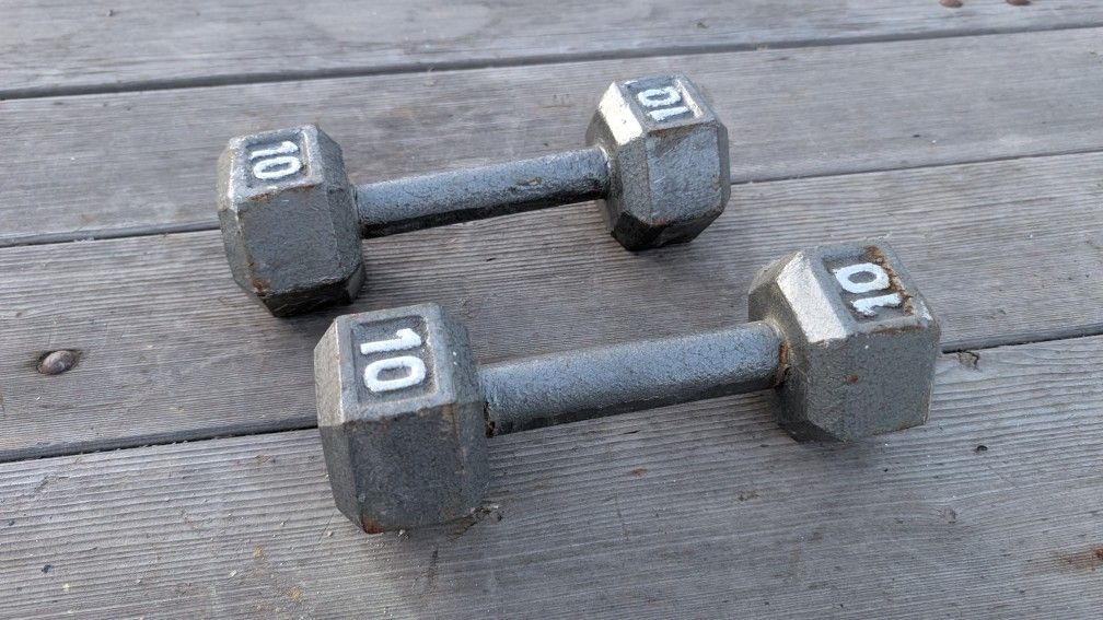 Pair of Vintage 10 lb Hex Dumbbells – Solid Cast Iron – Classic Gym Weights