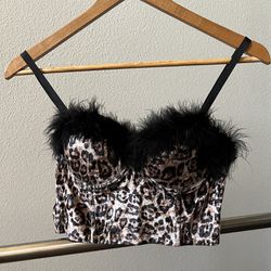Sexy Leopard Print Feather Trim Velvet Corset Top 