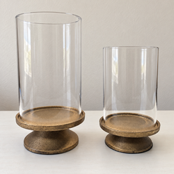 Glass hurricane candle holders with cast iron bases, set of 2