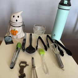 Kitchen utensils, dry food ceramic jar, & metal tumbler.