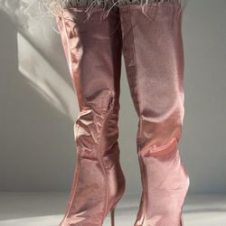 Dolls Kill-Public Desire Baddie Knee High Boots Sz US6 Pink Satin Stiletto NWOB
