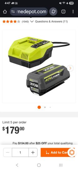 Ryobi 40 Volt Battery With Charger