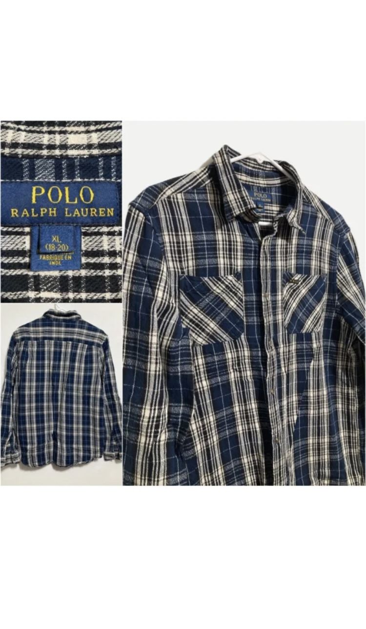 Polo Ralph Lauren Youth XL Plaid Button Up Thick Flannel Blue PRLC (18-20) Boys