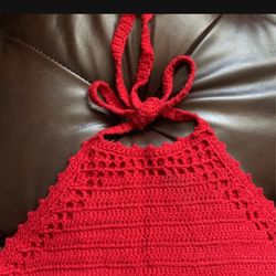 Red DNKY Crochet Crop Top