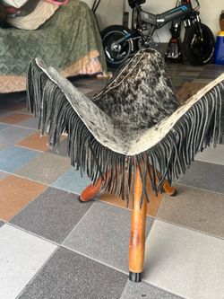 Cowhide Stool with Fringe and Wood Legs