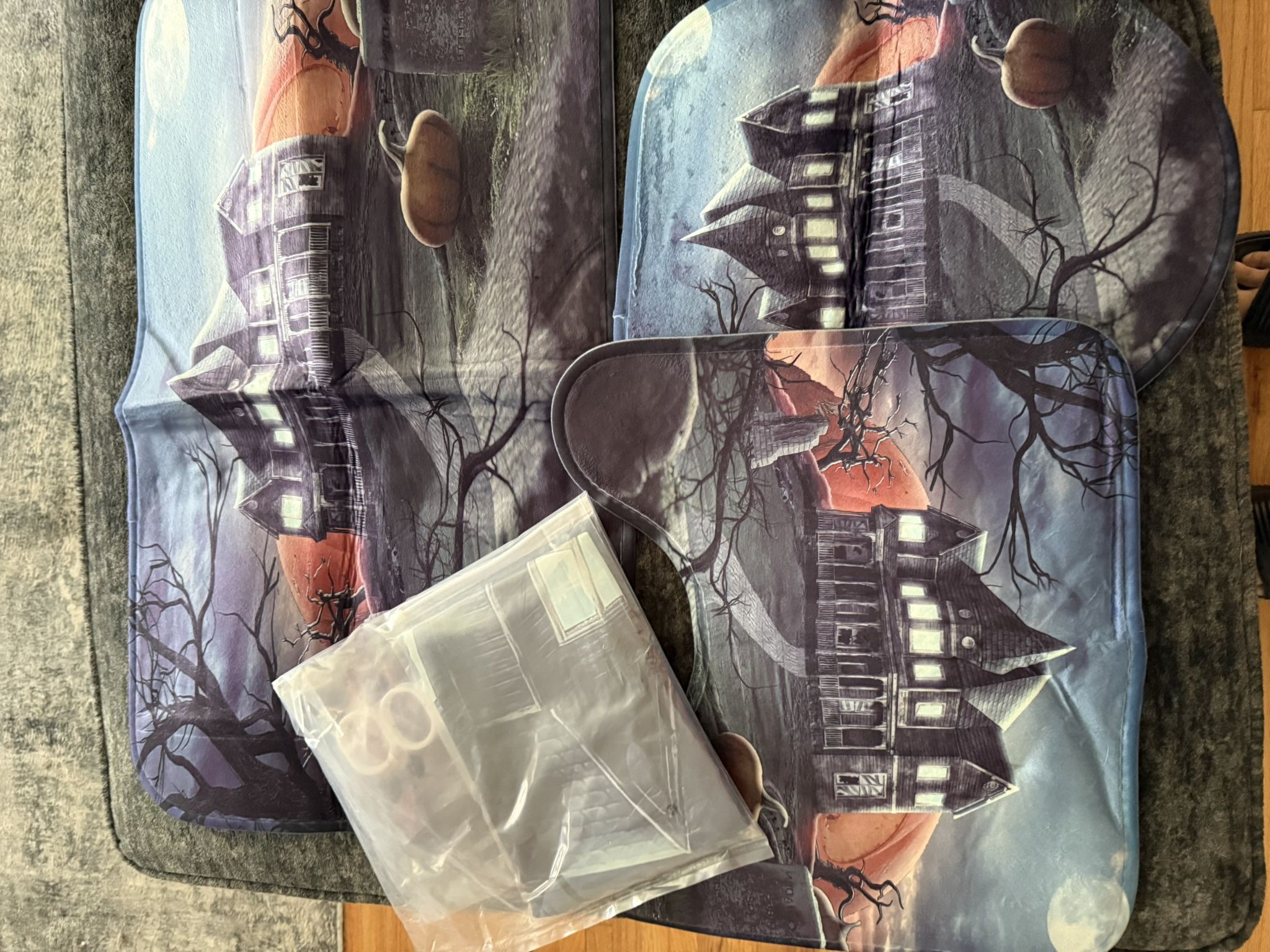 New 4 Pcs Halloween Shower Curtain Sets Gothic Haunted House Spooky Castle Bathroom Decor Curtains with Bath Mat,Toilet Seat Cover, U-Shape Contoured