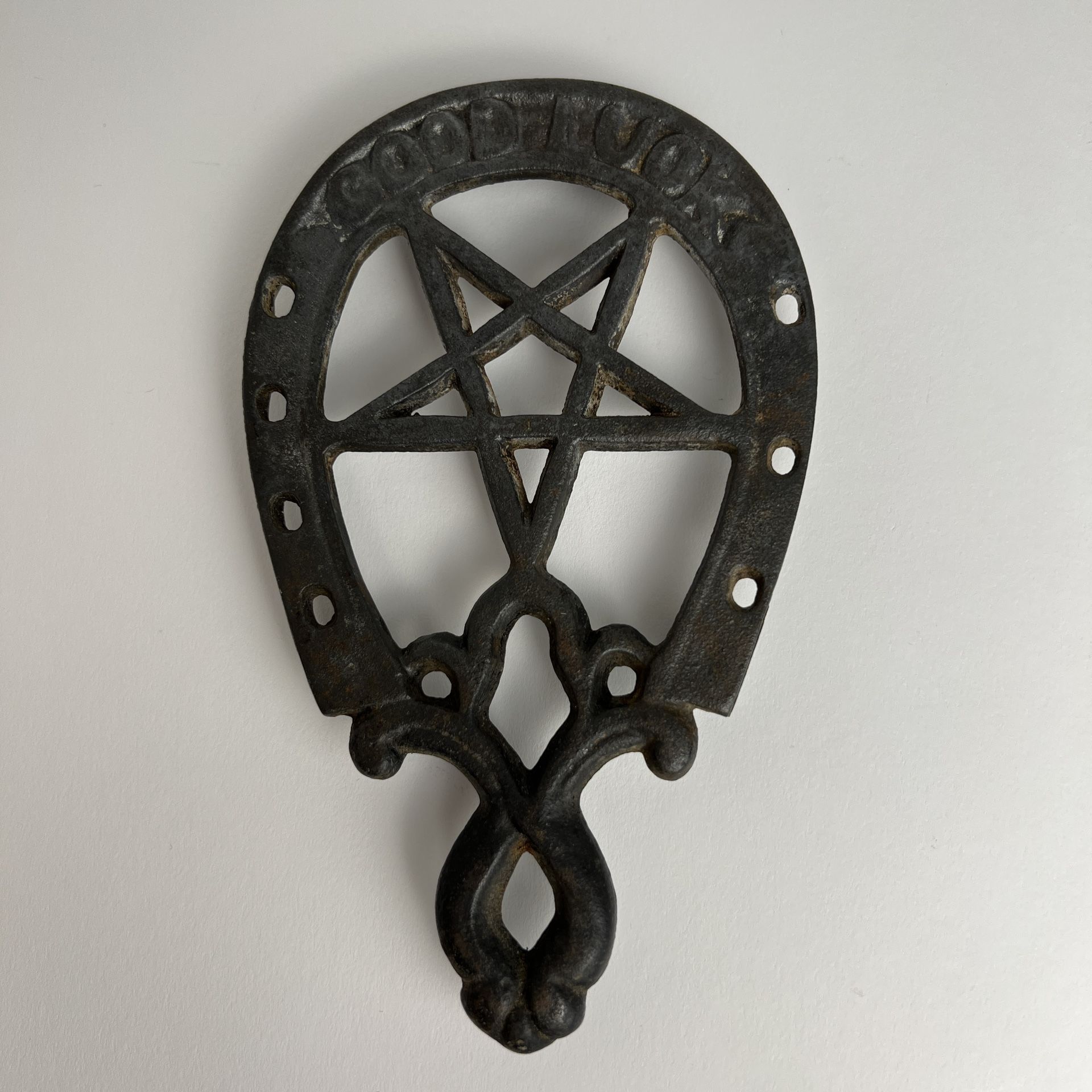 Vintage Black Cast Iron Horseshoe Good Luck Trivet with Pentagram Star