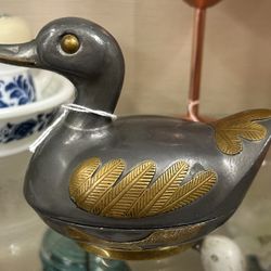Unique Vintage Pewter & Brass Duck Trinket Box