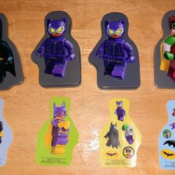 (4) McDonald's Happy Meal Lego Batman Movie Cat Woman/Robin Storage Tins + 4 Set Stickers 2017 The Lego Group, Waren Bros, DC Comics