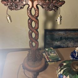 1920s HAND CARVE MAHOGANY CHINESE LAMP VINTAGE 1920s 