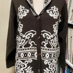 Vintage NORTON McNAUGHTON Brown Cardigan Sweater Acrylic Knit Abstract Floral L