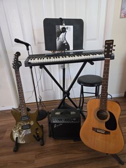 CASIO elec keyboard, guitars, amp, Mike, ets