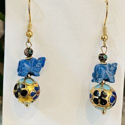 Lapis Lazuli Elephant And Double Gold Cloisonné Earrings 