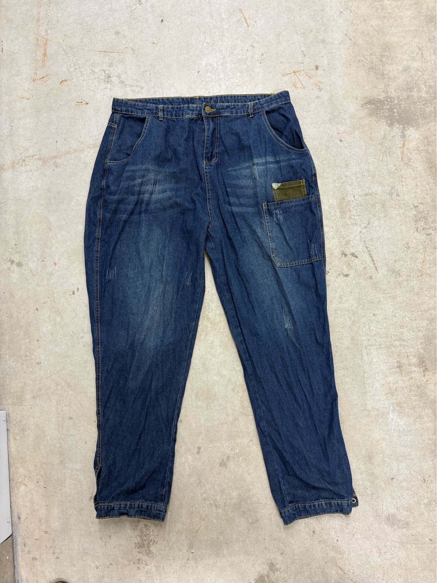Women's Blue Denim Carpenter Pants Tapered Leg Contrast Pocket Button Cuffs 2XL