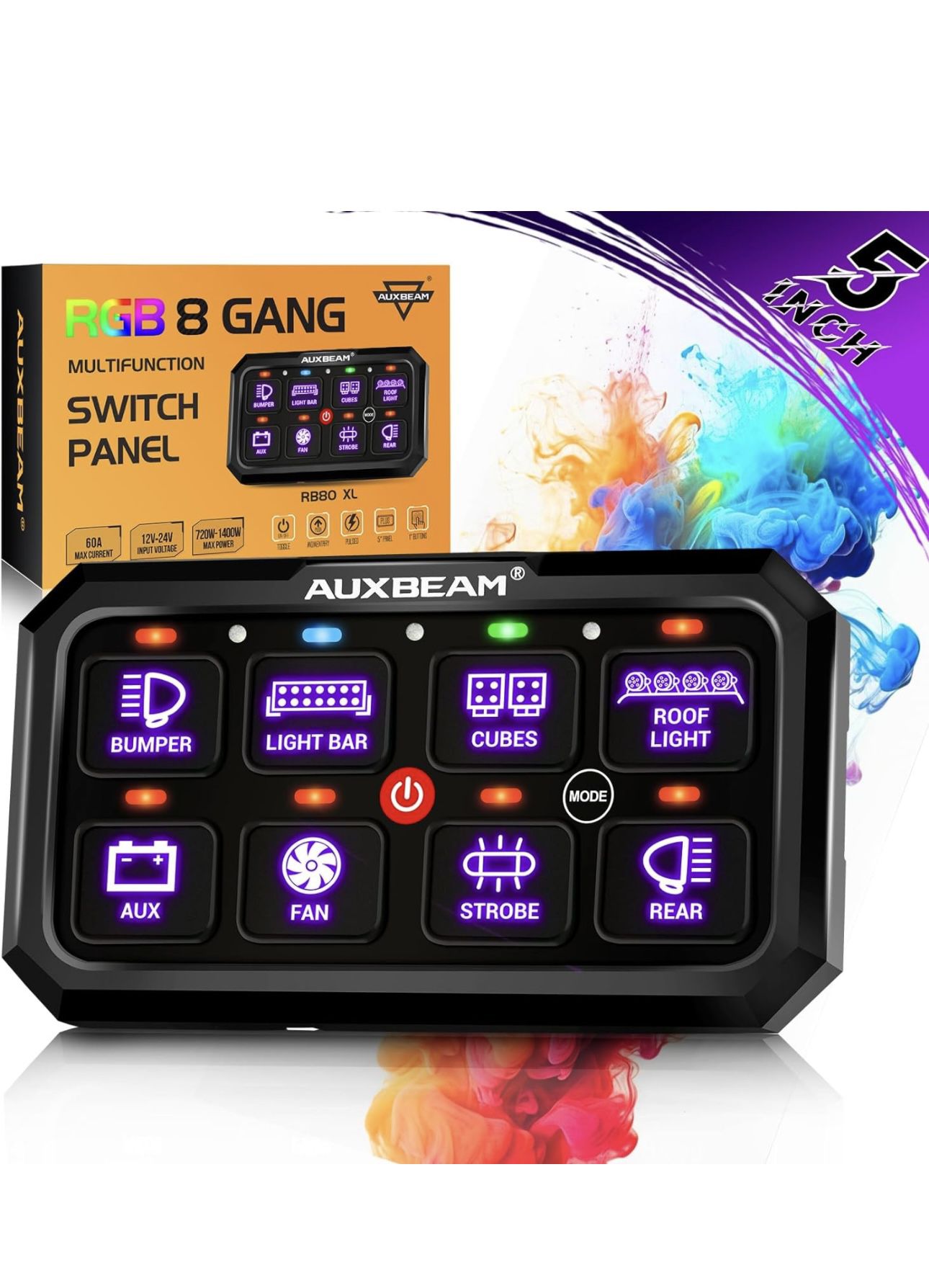 Auxbeam 8 Gang Switch Panel RB80 XL 5 Inch RGB Switch Pod Toggle Momentary Pulsed 12-24V Led Switch Panel Auxiliary Circuit Control Relay System for T