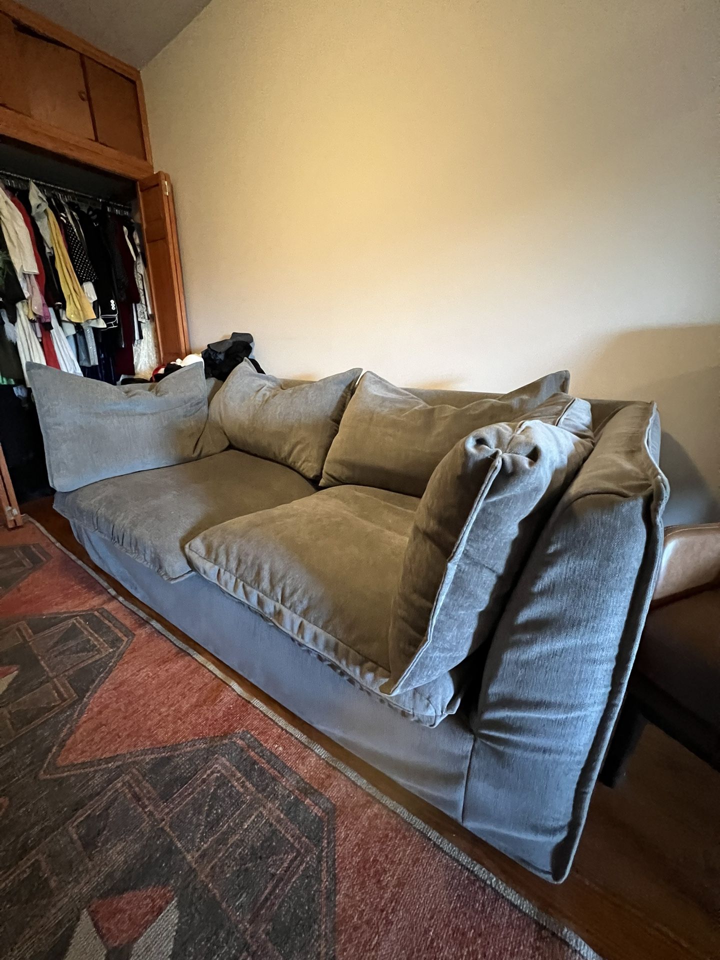Bleecker 86" Sofa Skirted Slipcover, Down Blend, Distressed Velvet, Mineral Gray, Concealed Supports