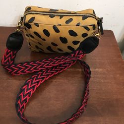 CLARE V. Midi Sac Animal Leopard Print Leather Shoulder and crossbody Bag. Cat Suede